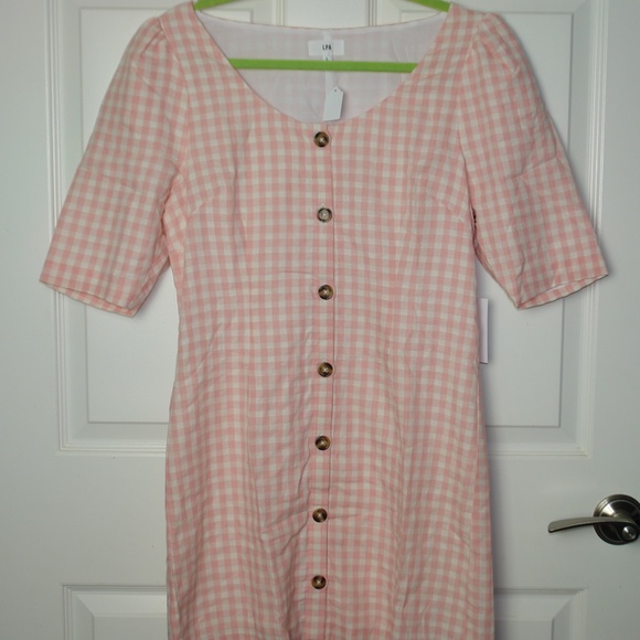 NWT LPA Pink White Gingham Puff Sleeve 1/2 Sleeve Mini Dress Button Front Sz LG - Picture 2 of 9